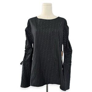 Halogen Nordstrom Wide Lurex Stripe Blouse Women M Black Cinch Flared Sleeve NWT